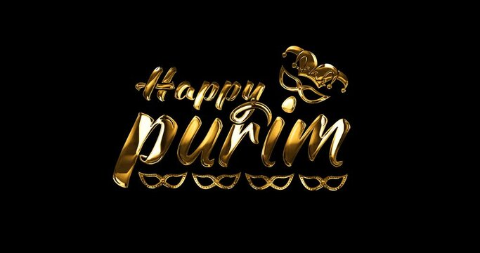 Happy Purim text animation. Handwritten inscription in golden color on the black screen alpha channel. Jewish holiday and Carnival funfair with Carnival masks. Happy Purim in Hebrew. 
