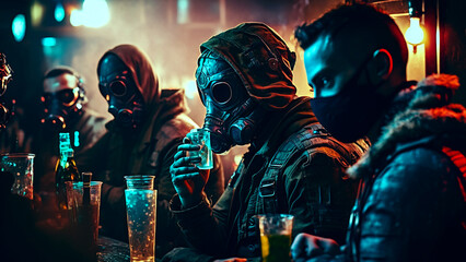 Fototapeta na wymiar Young friends wearing gas mask and enjoying a wine party. Generative AI.