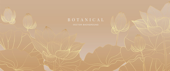 Luxury tropical flower golden line art wallpaper. Elegant botanical lotus flowers and leaves background. Delicate design for decorative, wedding card, home decor, packaging, print, cover, banner.