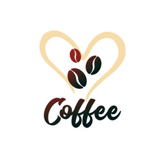Coffee logo with coffee beans and aroma heart shape. Identy for cappuccino drink with coffee beans and fragrance. Vector illustration