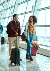 Travel, love and smile with interracial couple in airport for vacation, tourism and departure....