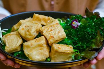 Fried tofu salad, healthy food served with fresh organic salad and sunflower sprouts with sesame oil dressing decorated with flowers