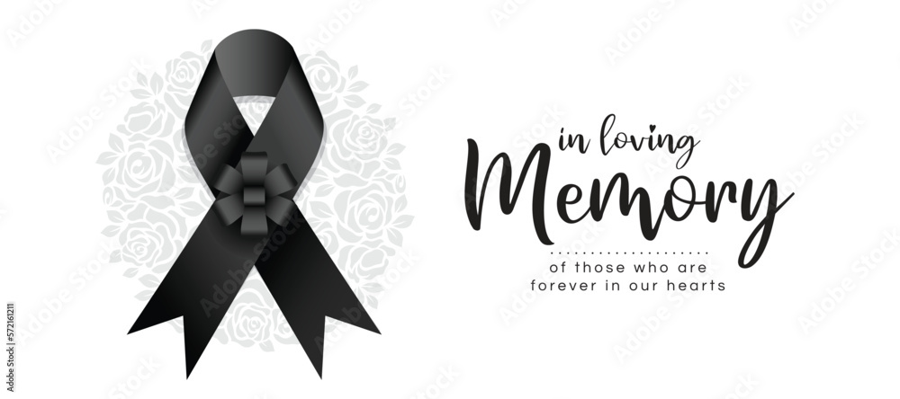 Poster in loving memory of those who are forever in our hearts text and black ribbon with flower bow on cir