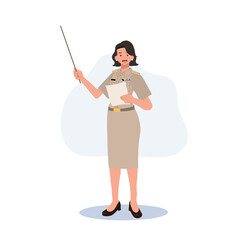 female Thai government officers in uniform. Woman Thai teacher holding pointer stick , explaining knowledge. Vector illustration