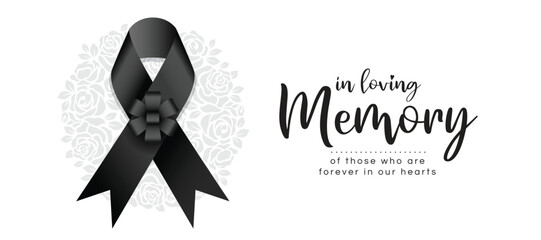 In loving memory of those who are forever in our hearts text and black ribbon with flower bow on circle rose texture background vector design