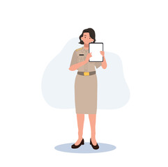 female Thai government officers in uniform. Woman Thai teacher holding ,showing big tablet. Vector illustration