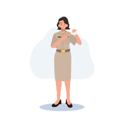 female Thai government officers in uniform. Woman Thai teacher showing identity card. Vector illustration