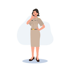 female Thai government officers in uniform. Woman Thai teacher giving thumb up, good job, very well. Vector illustration