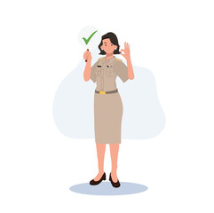 female Thai government officers in uniform. Woman Thai teacher holding correct check mark sign and doing OK hand sign.good, Vector illustration