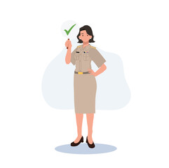 female Thai government officers in uniform. Woman Thai teacher holding correct check mark sign, Vector illustration
