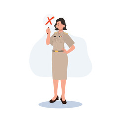 female Thai government officers in uniform. Woman Thai teacher holding false,incorrect,wrong mark sign, Vector illustration