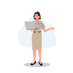 female Thai government officers in uniform. Woman Thai teacher holding laptop and explaining. Vector illustration