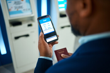 Airport, phone screen and hands for booking online ticket, schedule information and travel time on...