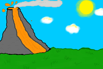 Volcano with lava against the sky. Children's drawing