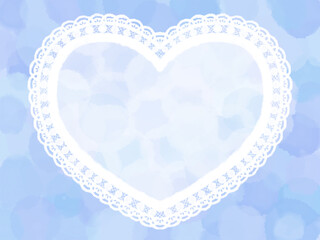 白いレースのハートとブルーの背景の水彩風イラスト