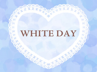 ホワイトデーと書かれた白いレースのハートとブルーの背景の水彩風イラスト