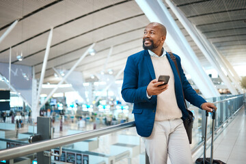 Black man waiting in airport with phone, smile and luggage in terminal for business trip....
