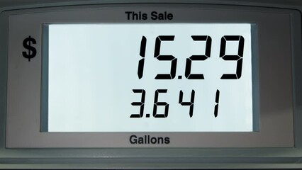 4K footage close-up of display with gas price counter in US dollars. The increase in the price per gallon on the screen as fuel enters the car's tank. Gasoline pump meter at a gas station. Sale price.