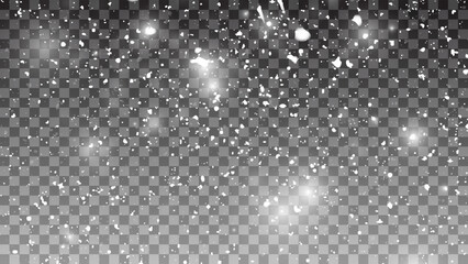 Many snowflakes in blur on black background. Snowfall layer for winter photography.