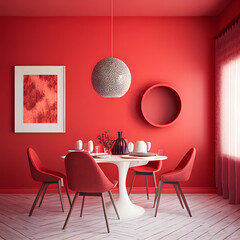 Bright and cozy modern dining room interior with red furniture and decoration room on empty red or white wall background, Ai generated
