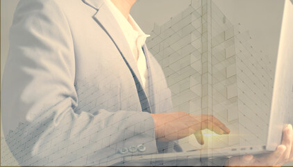 Business people use computers, strategic business planning ideas based on corporate vision, double exposure, mixed media.