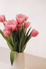 Gently pink bouquet of tulips in a white vase. Spring background with a bouquet of flowers. Front view