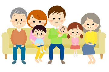 ソファに集まっている3世代の大家族（春夏）