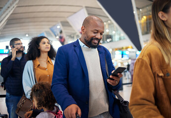 Travel, queue and phone with black man in airport for flight, vacation and immigration. Happy,...