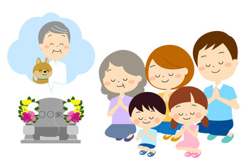 おじいさんとペットのお墓参りをする家族（夏）