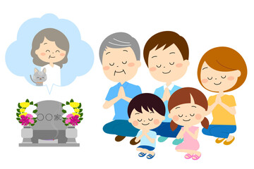 おばあさんとペットのお墓参りをする家族（夏）