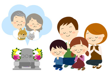 祖父母とペットのお墓参りをする家族（秋冬）