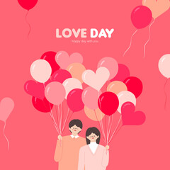 heart ballons and cuted couple illustration