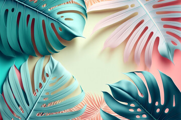 Tropical neon, iridescent, green palm leaves, floral pattern background illustration with copy space