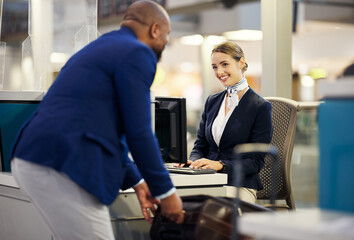 Black man, airport reception and security check with woman, concierge and help desk in lobby with...