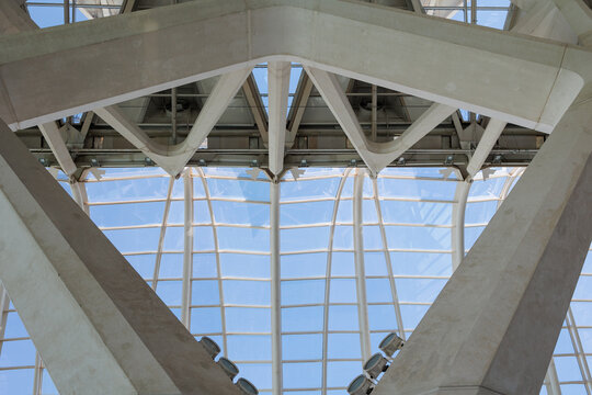 Valencia, Spain - july 2022: View from inside the Modern Architecture of Arts and Sciences Building in Valencia, Spain
