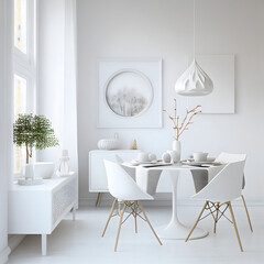 Bright and cozy modern dining room interior with white furniture and decoration room on empty white or white wall background, Ai generated
