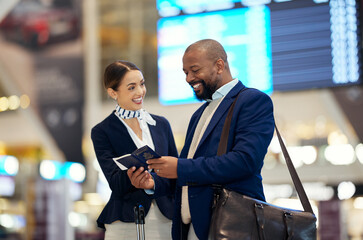 Businessman, airport and passenger assistant helping traveler in departure, flight time or passport...