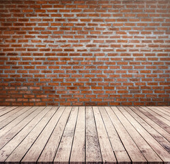 Old wood table with abstract blur brick wall background for product display