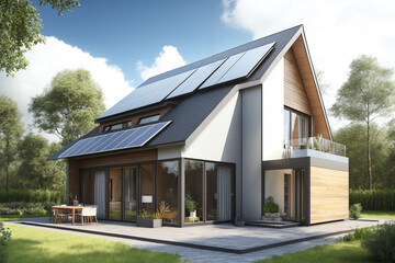 Fototapeta na wymiar Solar panels on the roof of the modern house. Generative AI