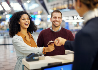 Couple, airport reception and security check with black woman, concierge help desk and identity for...