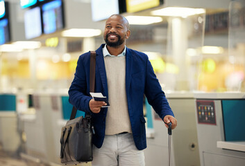 Businessman, airport and passport with plane ticket ready for travel, departure or flight time by...
