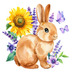 Watercolor cute bunny and lavender flowers, sunflower, butterflies on a white background, Easter rabbit