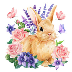 Rabbit, Watercolor cute bunny and lavender flowers, roses, butterflies on a white background, floral postcard animal