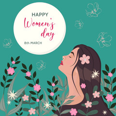 Happy international women's day 8th march colorful floral greeting card. Vivid holiday background with long hair woman and watercolors flowers. Trendy vector illustration design.