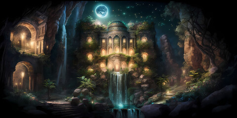 Untouchable fantasy palace in the night views under the cave created with AI