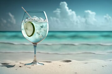 Cocktail on a beach. Cold drink on beatiful coast beach with calm sea. Generative AI - obrazy, fototapety, plakaty