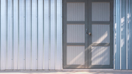 Background of the old wooden door on corrugated steel wall of storehouse with sunlight on surface 
