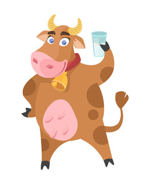 Funny cow mascot holding glass of milk vector icon