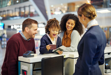 Fototapeta premium Family, travel and excited child with parents at airport with happiness, vacation and ready for adventure with passport. Happy people, diversity and freedom with holiday abroad, flight and airplane