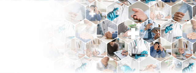 A professional doctor in a white medical uniform working with a team of specialists including...